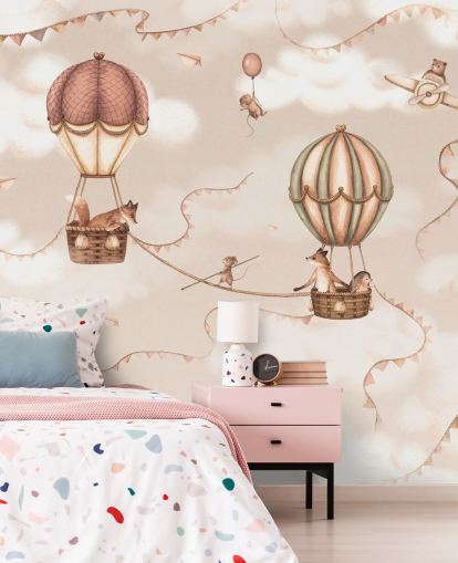 monochrome custom children's animal mural called Aviation Adventure Monochrome from the Oliver Robins range