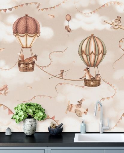 monochrome custom children's animal mural called Aviation Adventure Monochrome from the Oliver Robins range