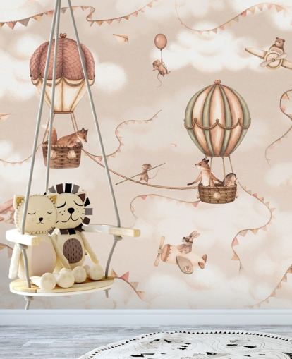 mural monocromo personalizado de animales para niños llamado Aviation Adventure Monochrome de la gama Oliver Robins