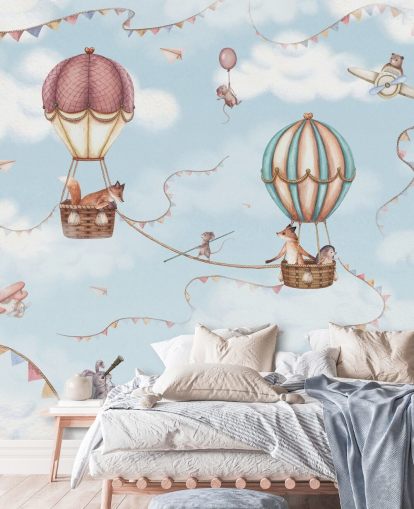 mural azul de animales para niños llamado Aviation Adventure de la colección Oliver Robins mural azul de animales para niños llamado Aviation Adventure de la colección Oliver Robins