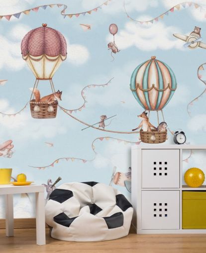 murale blu con animali per bambini chiamato Aviation Adventure della collezione Oliver Robins