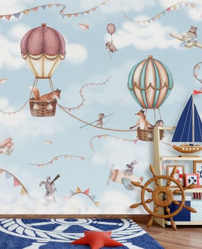 mural azul de animales para niños llamado Aviation Adventure de la colección Oliver Robins