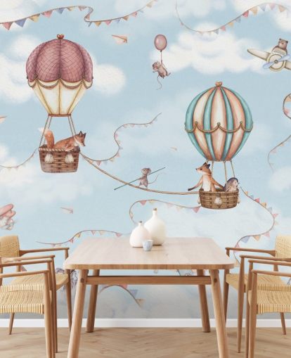 mural azul de animales para niños llamado Aviation Adventure de la colección Oliver Robins