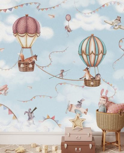 mural azul de animales para niños llamado Aviation Adventure de la colección Oliver Robins