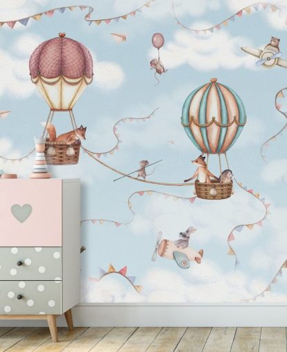 murale blu con animali per bambini chiamato Aviation Adventure della collezione Oliver Robins