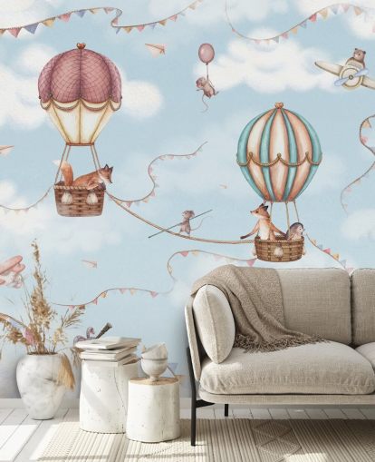 mural azul de animales para niños llamado Aviation Adventure de la colección Oliver Robins