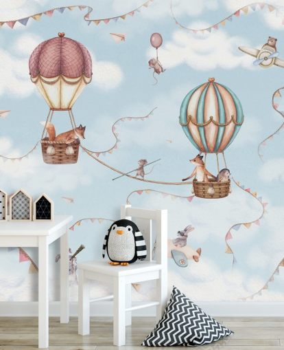 mural azul de animales para niños llamado Aviation Adventure de la colección Oliver Robins