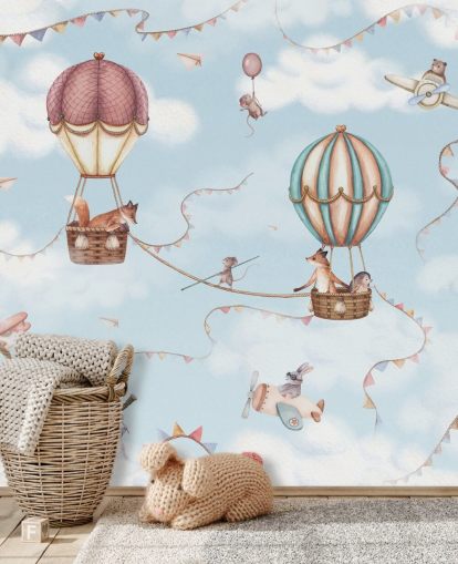 mural azul de animales para niños llamado Aviation Adventure de la colección Oliver Robins