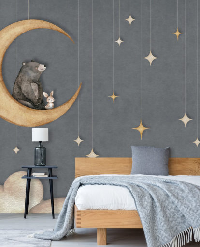 blue custom nursery mural called Bear on the Moon Blue from the Oliver Robins collection blue custom nursery mural called Bear on the Moon Blue from the Oliver Robins collection