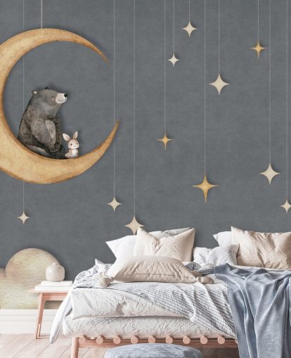 mural de guardería azul personalizado llamado Bear on the Moon Blue de la colección Oliver Robins