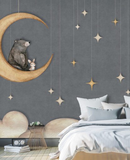 blue custom nursery mural called Bear on the Moon Blue from the Oliver Robins collection blue custom nursery mural called Bear on the Moon Blue from the Oliver Robins collection