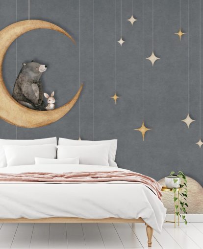 blue custom nursery mural called Bear on the Moon Blue from the Oliver Robins collection