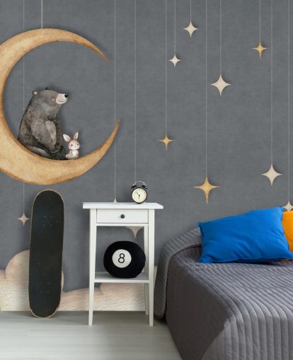 mural de guardería azul personalizado llamado Bear on the Moon Blue de la colección Oliver Robins