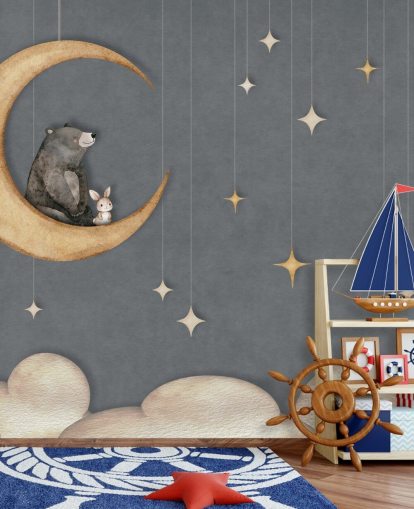 peinture murale bleue personnalisée pour chambre d'enfant appelée Bear on the Moon Blue de la collection Oliver Robins