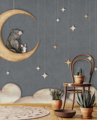 mural de guardería azul personalizado llamado Bear on the Moon Blue de la colección Oliver Robins mural de guardería azul personalizado llamado Bear on the Moon Blue de la colección Oliver Robins