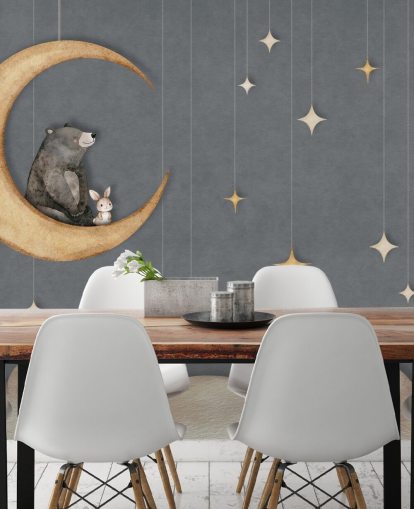 peinture murale bleue personnalisée pour chambre d'enfant appelée Bear on the Moon Blue de la collection Oliver Robins