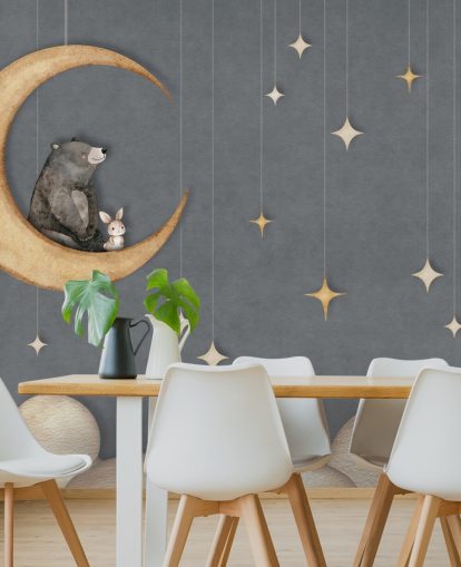 blue custom nursery mural called Bear on the Moon Blue from the Oliver Robins collection