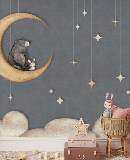 mural de berçário azul personalizado chamado Bear on the Moon Blue da coleção Oliver Robins