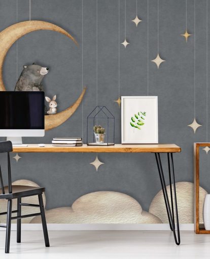 blue custom nursery mural called Bear on the Moon Blue from the Oliver Robins collection blue custom nursery mural called Bear on the Moon Blue from the Oliver Robins collection