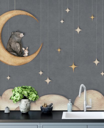 blue custom nursery mural called Bear on the Moon Blue from the Oliver Robins collection