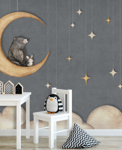 blauwe kinderkamermuurschildering op maat genaamd Bear on the Moon Blue uit de Oliver Robins collectie blauwe kinderkamermuurschildering op maat genaamd Bear on the Moon Blue uit de Oliver Robins collectie