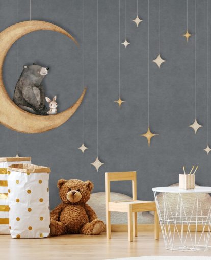 peinture murale bleue personnalisée pour chambre d'enfant appelée Bear on the Moon Blue de la collection Oliver Robins