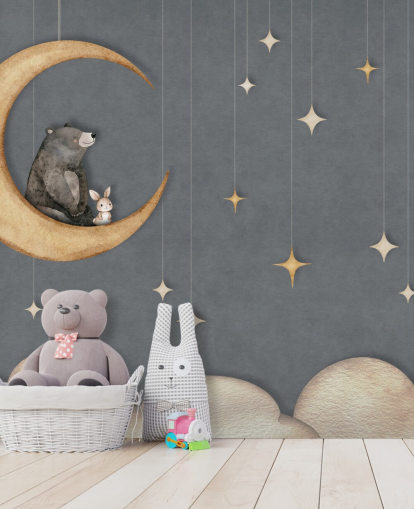 blå anpassad barnkammarmålning som heter Bear on the Moon Blue från Oliver Robins-kollektionen