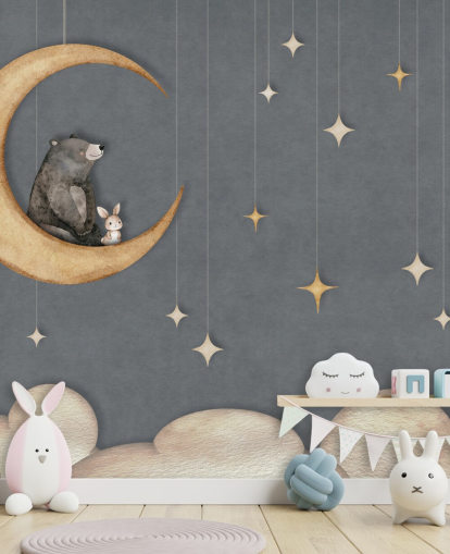 peinture murale bleue personnalisée pour chambre d'enfant appelée Bear on the Moon Blue de la collection Oliver Robins
