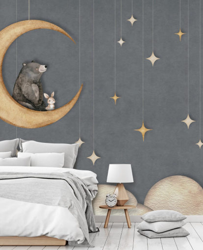 blauwe kinderkamermuurschildering op maat genaamd Bear on the Moon Blue uit de Oliver Robins collectie blauwe kinderkamermuurschildering op maat genaamd Bear on the Moon Blue uit de Oliver Robins collectie