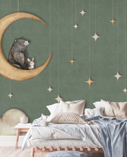 green custom nursery mural called Bear on the Moon Green from the Oliver Robins collection