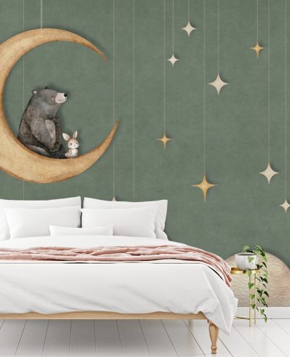 mural de berçário personalizado verde chamado Bear on the Moon Green da coleção Oliver Robins