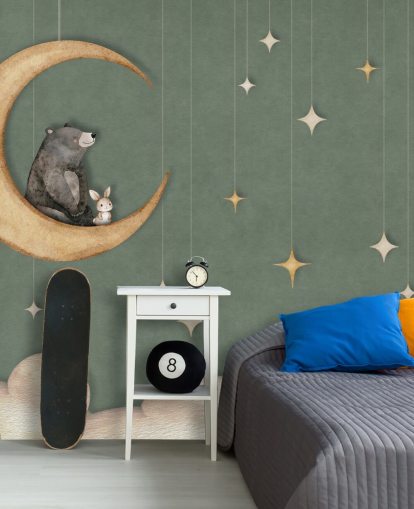 green custom nursery mural called Bear on the Moon Green from the Oliver Robins collection