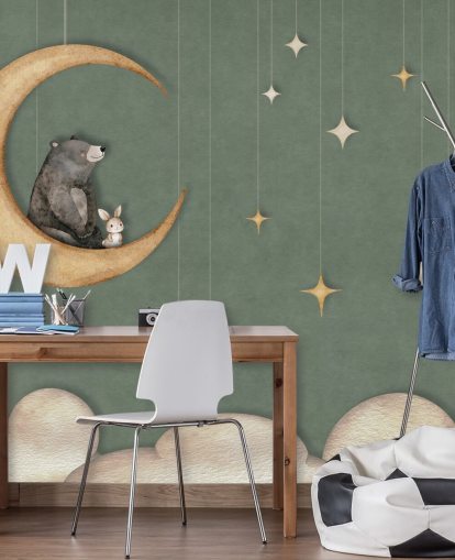 mural de guardería verde personalizado llamado Bear on the Moon Green de la colección Oliver Robins