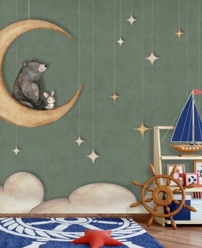 green custom nursery mural called Bear on the Moon Green from the Oliver Robins collection