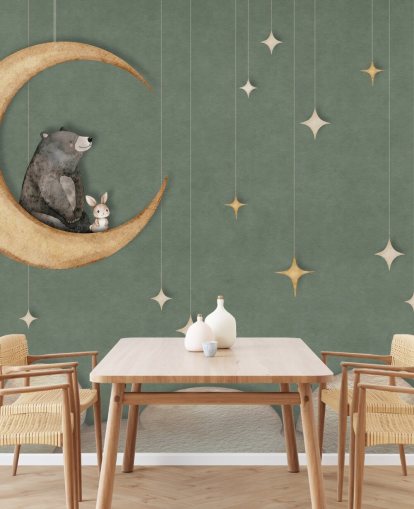 green custom nursery mural called Bear on the Moon Green from the Oliver Robins collection