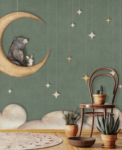green custom nursery mural called Bear on the Moon Green from the Oliver Robins collection