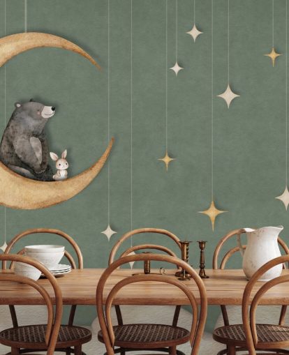 mural de guardería verde personalizado llamado Bear on the Moon Green de la colección Oliver Robins