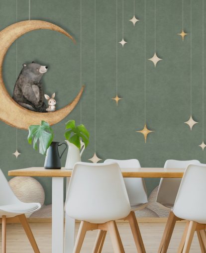 mural de guardería verde personalizado llamado Bear on the Moon Green de la colección Oliver Robins