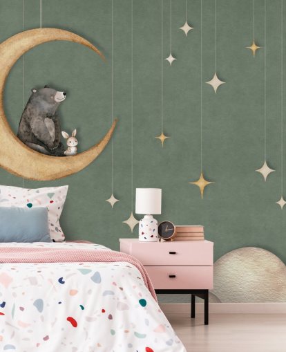 green custom nursery mural called Bear on the Moon Green from the Oliver Robins collection