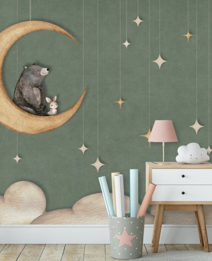 green custom nursery mural called Bear on the Moon Green from the Oliver Robins collection