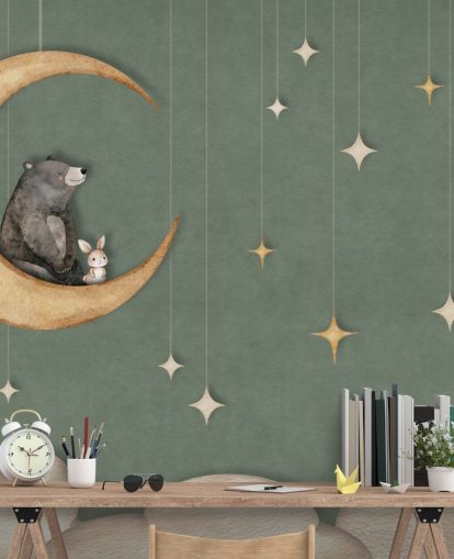 green custom nursery mural called Bear on the Moon Green from the Oliver Robins collection