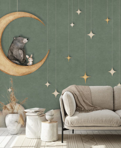 mural de guardería verde personalizado llamado Bear on the Moon Green de la colección Oliver Robins