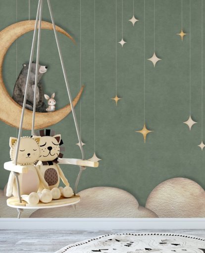 mural de berçário personalizado verde chamado Bear on the Moon Green da coleção Oliver Robins