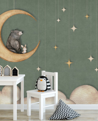 peinture murale verte personnalisée pour chambre d'enfant appelée Bear on the Moon Green de la collection Oliver Robins