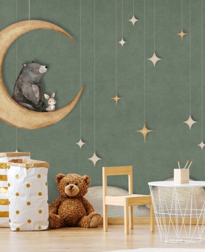 green custom nursery mural called Bear on the Moon Green from the Oliver Robins collection green custom nursery mural called Bear on the Moon Green from the Oliver Robins collection
