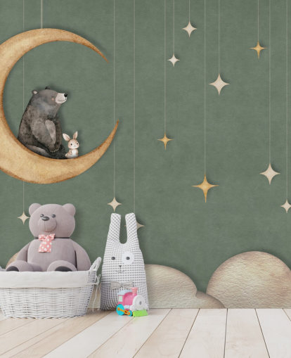 peinture murale verte personnalisée pour chambre d'enfant appelée Bear on the Moon Green de la collection Oliver Robins