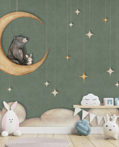 peinture murale verte personnalisée pour chambre d'enfant appelée Bear on the Moon Green de la collection Oliver Robins peinture murale verte personnalisée pour chambre d'enfant appelée Bear on the Moon Green de la collection Oliver Robins
