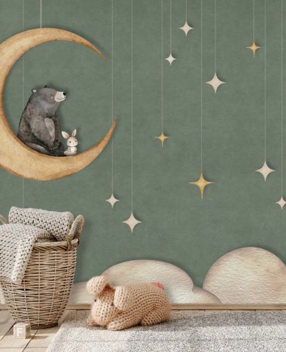 green custom nursery mural called Bear on the Moon Green from the Oliver Robins collection