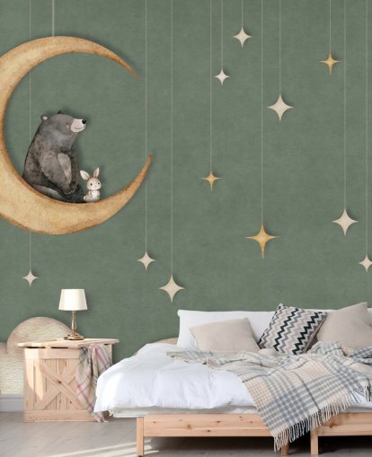 mural de guardería verde personalizado llamado Bear on the Moon Green de la colección Oliver Robins
