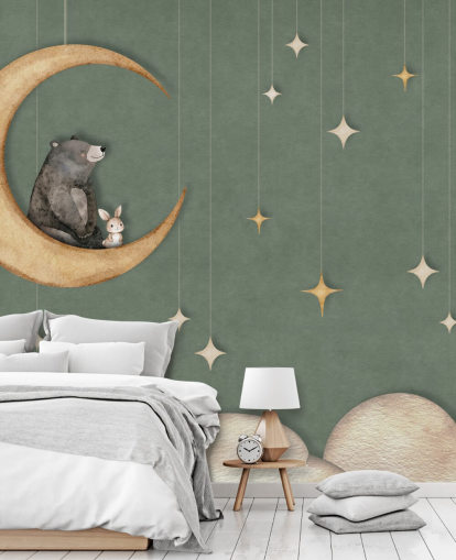 vihreä räätälöity lastentarhan seinämaalaus nimeltä Bear on the Moon Green Oliver Robins -kokoelmasta